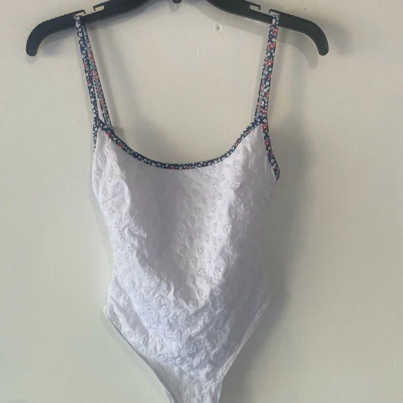 Frankie's Bikinis White One Piece with Floral Trim - Picture 2 of 7